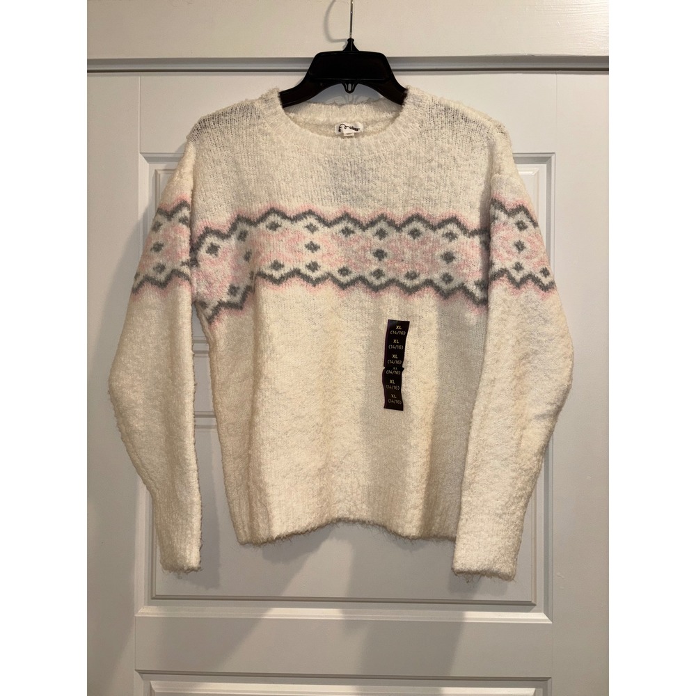 Art Class Girls XL 14/16 Fuzzy Fair Isle Sweater Dog Bone White Pink Grey NEW